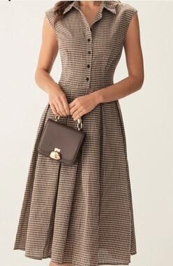 RIHOAS | Dresses | Rihoas Brown Plaid Button Pleated Midi Dress